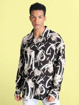 Bene Kleed - Men Brown Cuban Collar Abstract Printed Oversized Casual Shirt