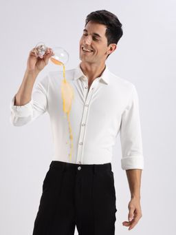 TURMS - White Solid Knitted Anti Odor Shirt