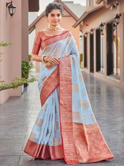 Odette - Womens Sky Blue Linen Woven Design Saree with Unstitched Blouse