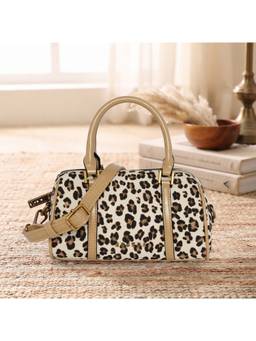 ESBEDA - Cream Leopard Print Mini Barrel Handbag With Detachable Strap