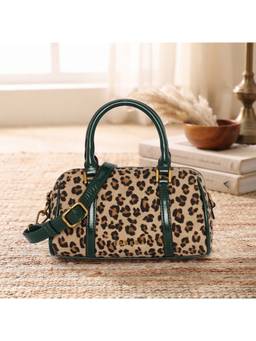 ESBEDA - Beige Leopard Print Mini Barrel Handbag With Detachable Strap
