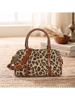 ESBEDA - Beige Leopard Print Mini Barrel Handbag With Detachable Strap