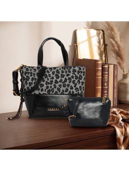 ESBEDA - Black Leopard Print Handbag With Pouch And Detachable Strap