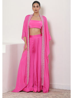 Sunanta Madaan - Hot Pink Embroidered Crepe Crop Top with Sharara and Cape