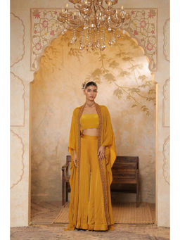 Sunanta Madaan - Mustard Crepe Embroidered Crop Top with Sharara and Cape