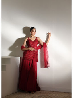 Sunanta Madaan - Burgundy Satin Organza Wedding Corset with Sharara and Dupatta