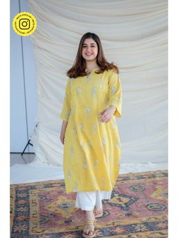 The Indian Ethnic Co. - Yellow Slub Cotton Kali Kurta