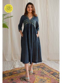 The Indian Ethnic Co. - Indigo Ajrakh Cotton Midi Dress
