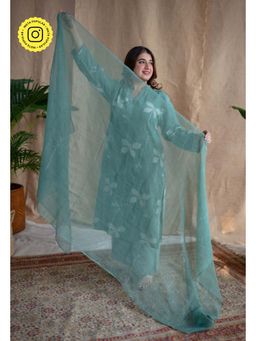 The Indian Ethnic Co. - Green Floral Butti Dabu Kota Doriya Border Dupatta
