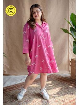 The Indian Ethnic Co. - Pink Dabu Slub Cotton Printed Dress