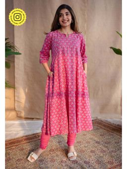 The Indian Ethnic Co. - Pink Dabu Slub Cotton Hand Printed Kali Kurta