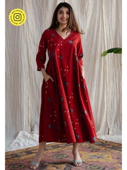 The Indian Ethnic Co. - Amdavad Patang Ajrakh Red Cotton Printed Dress