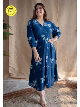 The Indian Ethnic Co. - Indigo A-Line Dabu Slub Cotton Hand Block Printed Midi Dress