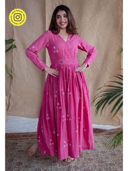 The Indian Ethnic Co. - Pink A-Line Dabu Slub Cotton Hand Block Printed Maxi Dress