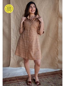 The Indian Ethnic Co. - Brown A-Line Fit Dabu Slub Cotton Block Printed Mini Dress