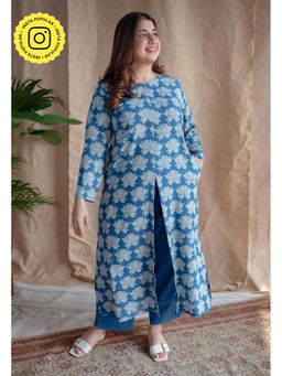 The Indian Ethnic Co. - Blue Dabu Slub Cotton Round Neck Kurta with Palazzo (Set of 2)
