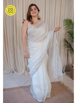 The Indian Ethnic Co. - White Plain Linen Saree with Silver Zari Border with Unstitched Blouse