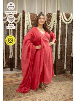 The Indian Ethnic Co. - Crimson Gota Silk Angrakha Kurta With Chudidar and Dupatta (Set of 3)