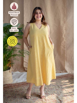The Indian Ethnic Co. - Yellow A-Line Dabu Slub Cotton Dress Printed V Neck With Sleeveless