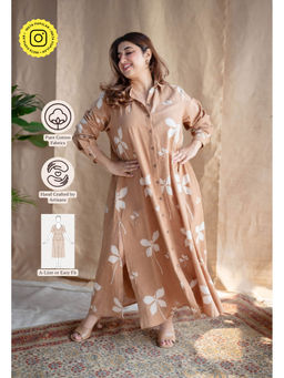The Indian Ethnic Co. - Light Brown A-Line Dabu Slub Cotton Dress Printed With Shirt Collar