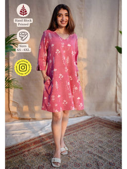 The Indian Ethnic Co. - Pink A-Line Dabu Slub Cotton Dress Printed V Neck Dress