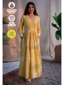 The Indian Ethnic Co. - Yellow A-Line Dabu Slub Cotton Dress Printed V Neck With Full Sleeves