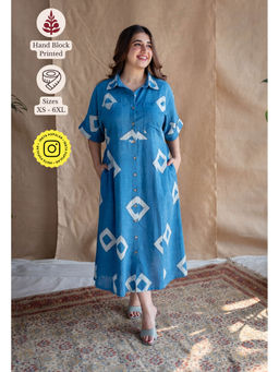 The Indian Ethnic Co. - Blue A-Line Dabu Slub Cotton Printed Shirt Collar Dress