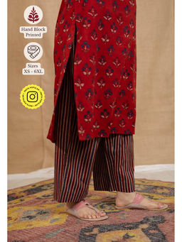 The Indian Ethnic Co. - Red Straight Ajrakh Stripes Cotton Palazzo