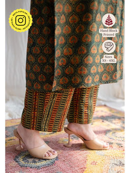 The Indian Ethnic Co. - Green Straight Ajrakh Hand Block Printed Cotton Palazzo