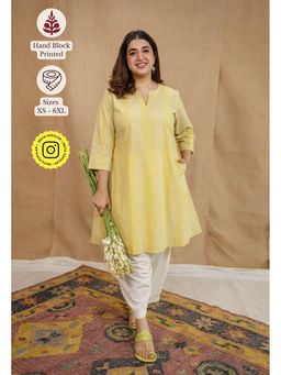 The Indian Ethnic Co. - Yellow A-Line Batik Cotton Hand Block Printed Kurta