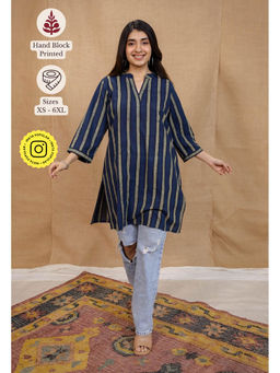 The Indian Ethnic Co. - Blue Straight Ajrakh Cotton Hand Block Printed Kurta
