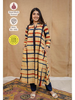 The Indian Ethnic Co. - Cream A-Line Clamp Dyed Linen Cotton Hand Block Printed Kurta