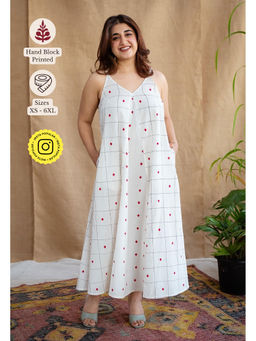 The Indian Ethnic Co. - White A-Line Cotton Hand Block Printed Dress