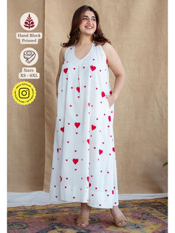 The Indian Ethnic Co. - White A-Line Cotton Hand Block Printed Sleeveless Dress