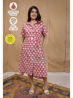 The Indian Ethnic Co. - Pink Straight Hand Block Printed Dress with Belt (Set of 2)