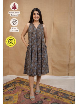 The Indian Ethnic Co. - Charcoal A-Line Ajrakh Cotton Hand Block Printed Dress