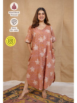 The Indian Ethnic Co. - Peach Loose Hand Block Printed Dress