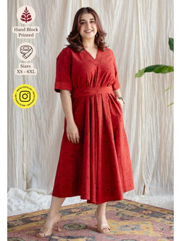 The Indian Ethnic Co. - Red A-Line Ajrakh Printed Dress with V Neck & Hand Embroidered