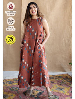 The Indian Ethnic Co. - Brick Brown A-Line Ajrakh Printed Dress with Round Neck & Sleeveless