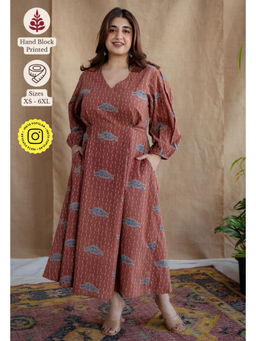 The Indian Ethnic Co. - Brick Brown A-Line Ajrakh Printed Dress with V Neck & Full Sleeves
