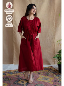 The Indian Ethnic Co. - Maroon Loose Solid Dress with Round Neck & Elbow Sleeves