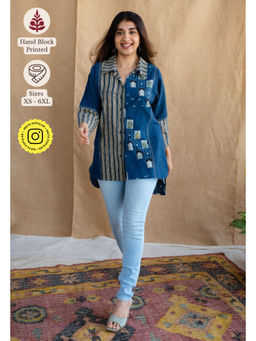 The Indian Ethnic Co. - Blue Loose Ajrakh Printed Cotton Shirt With Collar Neck & Embroidered