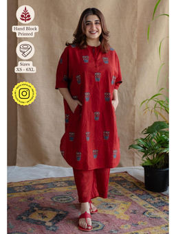The Indian Ethnic Co. - Red Straight Printed Cotton Kurta With Mandarin Neck