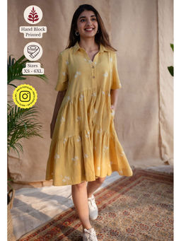 The Indian Ethnic Co. - Yellow A-Line Dabu Printed Slub Cotton Dress