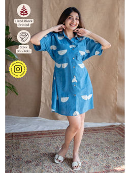 The Indian Ethnic Co. - Blue A-Line Dabu Printed Slub Cotton Dress