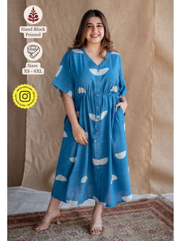 The Indian Ethnic Co. - Blue Loose Dabu Printed Slub Cotton Dress