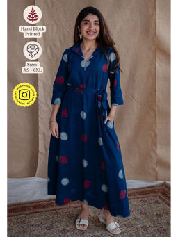 The Indian Ethnic Co. - Navy Blue A-Line Dabu Printed Slub Cotton Dress with Belt (Set of 2)