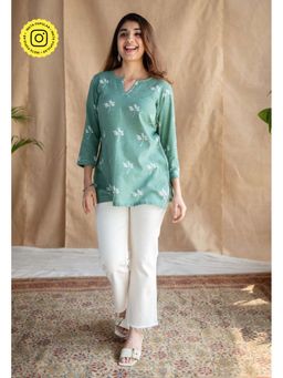 The Indian Ethnic Co. - Green Dabu Handblock Printed Embroidered Tunic