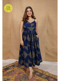 The Indian Ethnic Co. - Indigo A-Line Ajrakh Printed Cotton Dress With V Neck