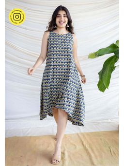 The Indian Ethnic Co. - Blue A-Line Ajrakh Printed Cotton Dress With Round Neck